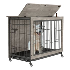 Dog Crate Furniture: 38" Heavy-Duty Wooden Dog Kennel with Double Doors & Flip-Top, Furniture-Style End Table with Wheels for Large Dogs