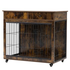 Stylish Dog Crate Furniture: 38.4-Inch Wooden Dog Kennel with 2 Storage Drawers – Heavy-Duty End Table Design